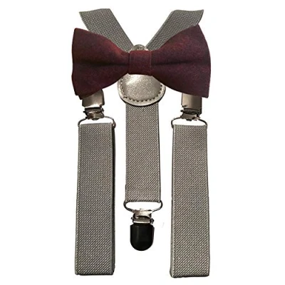 Image of Children&#039;s Kids Boys Cotton Pre Tied and Elasticated Bow Tie &amp; Grey Braces Set (Burgundy) suitable for formalwear, weddings, parties, pageboy outfits