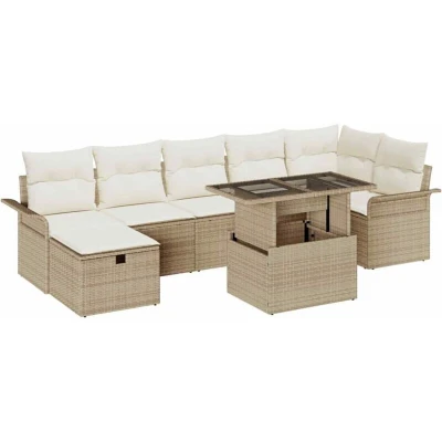 Image of vidaXL 8 Piece Garden Sofa Set with Cushions Beige Poly Rattan