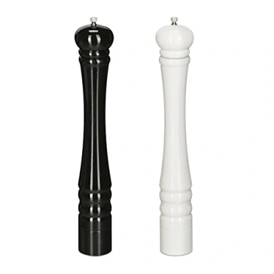 Image of Relaxdays Salt and Pepper Mill, Set of 2, 40 cm, Spice Grinder, Wood, Manual, Ceramic Grinding Mechanism, Black/White, 90% 10%, x 6.5 cm