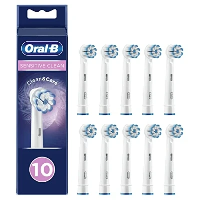 Image of Oral B Sensitive Clean Electric Toothbrush Head with &amp; Care Technology, Extra Soft Bristles for Gentle Plaque Removal, Pack of 10, Suitable Mailbox, White