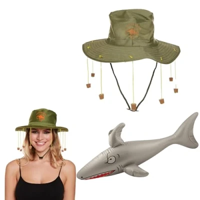 Image of Lizzy Adult Australian Cork Hat with Inflatable Shark (90cm) for Australia Day Crocodile Hunter Man Dundee Fancy Style Dress Party Accessories