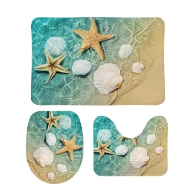 Image of 3 Piece Bathroom Mat Set Toilet Carpet Rug Starfish Seashell Beach Contour Lid Cover Non Slip Bath