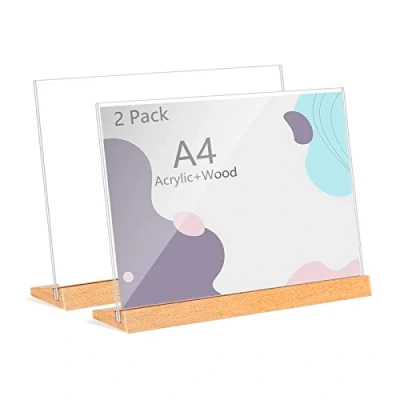Image of Andchi Table Display Acrylic Sign Holders, L Shape Stands Wooden Base Menu Holders for Restaurants, Office (A4 horizontal)