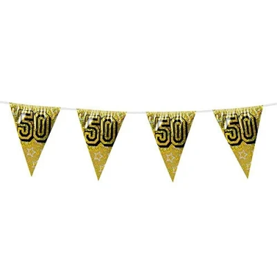 Image of Boland 30051 Holographic bunting number 50, 1 piece, length 800 cm, gold, flag chain, stars, hanging decoration, multi coloured, garland, theme party, birthday, anniversary
