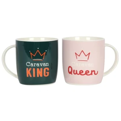 Image of Multicolor Caravan King &amp; Queen Couples Mug Set 9cm x 12cm (Set of 2) Dishwasher Microwave Safe Perfect Gift For Any loving Couple