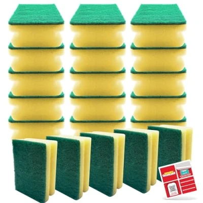 Image of 20pk Heavy Duty Sponge Scourer with Finger Grip Sponges Washing Up Scourers Kitchen Dish Cleaning for and Bathroom + SOL Sticker