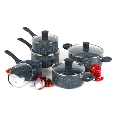 Image of Russell Hobbs® COMBO 4843A Blue Marble Non Stick Saucepan and Stock Pot Set, 16/18/20/24 cm, 5 Piece, Induction Hob Suitable, Cook with Less Oil, Soft Bakelite Handles