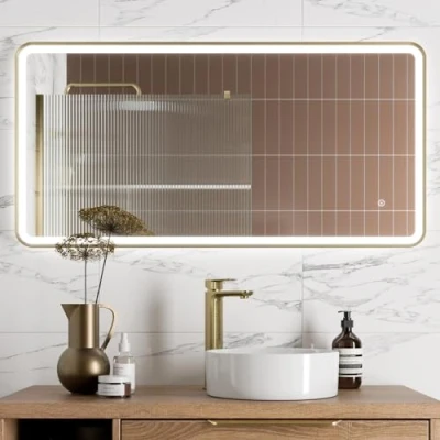 Image of BAYSTONE® 600 x 1200mm Bathroom Mirror with LED Lights Wall Mounted Demister Illuminated Mirrors for Bathrooms, Mains Powered, Brushed Brass, Touch Sensor