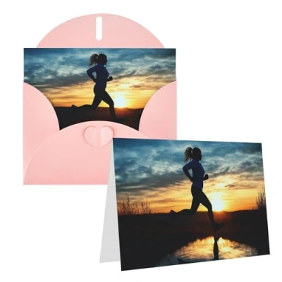 Image of UNIOND Blue Active Girl Running Sunset Print Greeting Cards Personalized Thank You Card Blank Note With Envelopes Congratulations For Christmas Wedding Birthday Party All Occasion