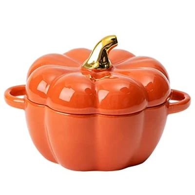 Image of OnePine 450ml Ceramic Pumpkin Shaped Soup Bowl, Creative Fashion Breakfast Bowl with Lid, Porcelain for Cereal Rice Dessert Salad