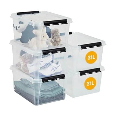 Image of SmartStore 32L Clear Plastic Storage Boxes, 5 Pack, Reinforced, 10 Year Guarantee, Food Safe, Clip Locked, Stackable and Nestable, BPA Free L50 x W39 H26 cm