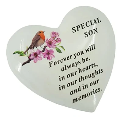 Image of Angraves Special Son Robin Memorial Heart Graveside Plaque Ornament Grave Decoration
