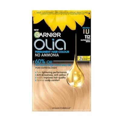 Image of Garnier Olia Permanent Hair Dye, Up to 100% Grey Coverage, No Ammonia, 60% Oils, 112 Super Light Beige Blonde
