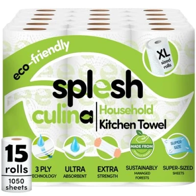 Image of Splesh Culina Kitchen Towel 15 XL Rolls (1050 Sheets) 3 Ply Ultra Absorbent &amp; Extra Strong, Large Eco Friendly Household 70 Super Sized Triple Layered Sheets Per Roll