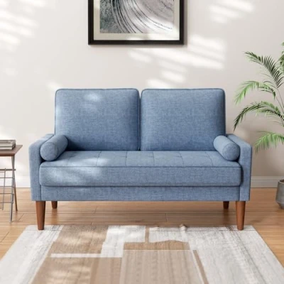Image of Vesgantti Small 2 Seater Sofa Blue, Comfy Couch with Spring Cushion, Linen Armrests, Modern Love Seat Sofa, for Living Room, Bedroom, Blue Office