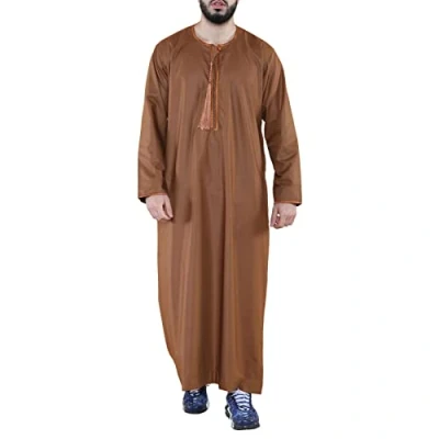 Image of Infinity Leather Mens Thobe Jubba Saudi Islamic Arab Eid Emirati Kaftan Jubbah Tassel Robe Brown