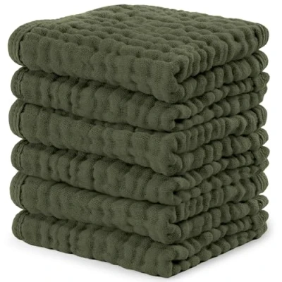 Image of Baby Washcloths, Muslin Cotton Towels, Large 10x10 Wash Cloths Soft on Sensitive Skin, Absorbent for Boys &amp; Girls, Newborn Toddlers Registry Gift (Kelp, 6 Pack, 25 X CM)