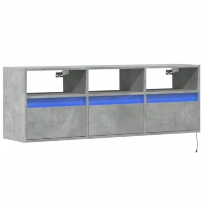 Image of vidaXL TV Wall Cabinet with LED Lights, Floating Entertainment Unit, Concrete Grey, Engineered Wood, 130x31x45 cm, 3 Drawers and Compartments