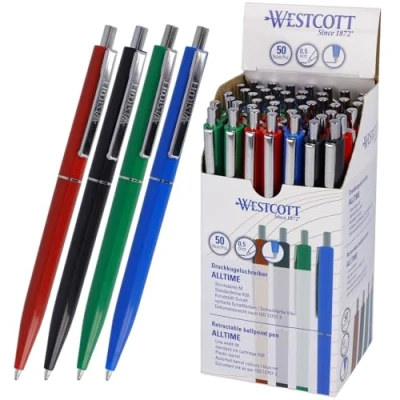 Image of Westcott ballpoint pen ALLTIME mix 50 pieces Retractable biro pens with blue ink Line width M X20 standard refill Document proof ISO 12757 2 Sturdy metal clip E 737487 00