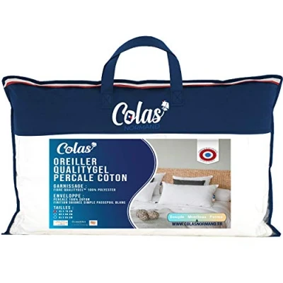 Image of Colas Normand Qualitygel Percale Pillow 100% Cotton Soft 45 x 70 cm Cervical Support Memory Sensation Hotel Quality French Made White