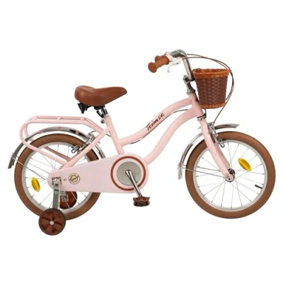 Image of Toimsa Vintage 16 inch Kids Bike, Bicycle with a retro look rear carrier rack and front wicker style basket training wheel stabilisers, 5 7 Years, Pink Brown