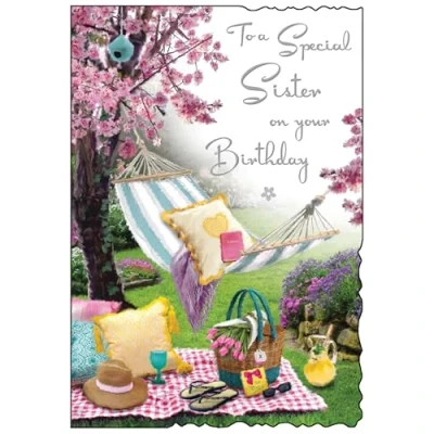 Image of Jonny Javelin Special Sister Birthday Card Happy with Cherry Blossom Picnic Design and Embossed Foil Details for Women