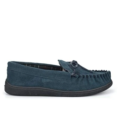 Image of Mokkers Mens Real Leather Suede Moccasin Slippers with Rubber Sole Navy 8 UK