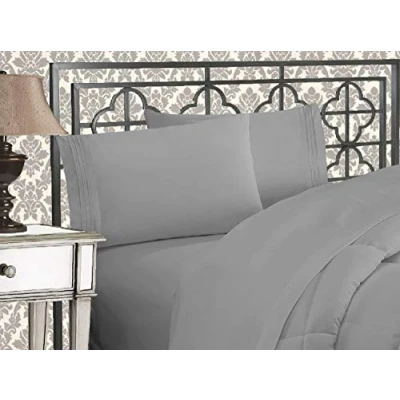 Image of Elegant Comfort Luxurious 1500 Thread Count Egyptian Quality Three Line Embroidered Softest Premium Hotel 4 Piece Bed Sheet Set, Wrinkle and Fade Resistant, Queen, Silver Light Grey
