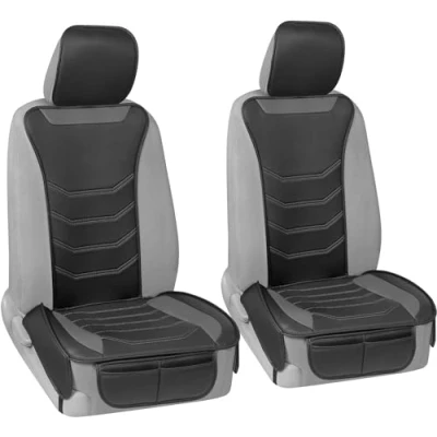 Image of Motor Trend LuxeFit Gray Seat Covers for Cars Trucks Van SUV (2 Pack), Premium Faux Leather, Easy to Install Automotive with Storage Pockets, Fits Most Vehicles