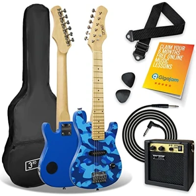 Image of 3rd Avenue 1/4 Size Kids Electric Guitar Pack for Junior Beginners 6 Months FREE Lessons, 5W Portable Amp, Cable, Bag, Picks and Strap Blue Camo