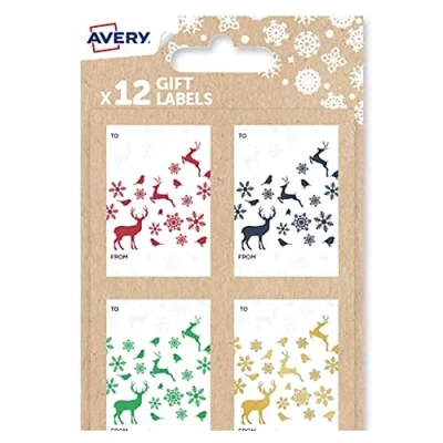 Image of Avery Festive Label Pack with Reindeer Designs 12 PCS Gift Stickers, Premium Christmas Name Labels and Wrap Decoration.