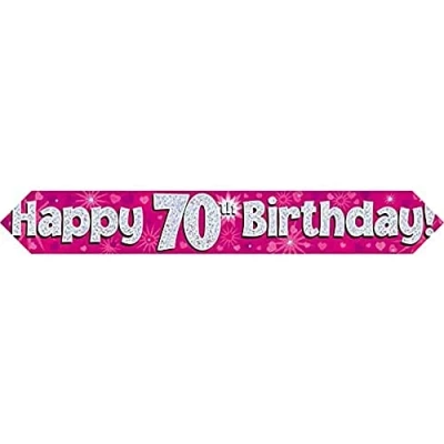 Image of OakTree Happy 70th Birthday Foil Holographic Banner, Pink, 9 ft