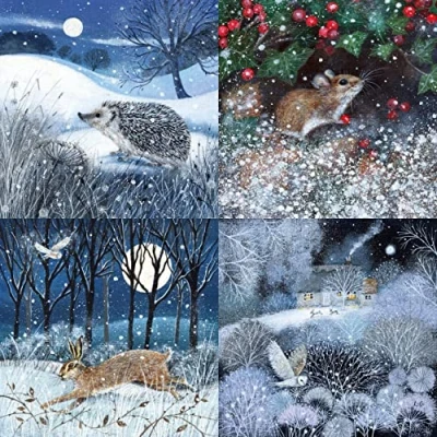 Image of Museums &amp; Galleries Box of 20 Artistic Charity Christmas Cards &#039;Snowy Animals&#039; 5 Each 4 Illustrative Designs Festive Hedgehog, Hare, Owl and Mouse, Multicolor, 123 x mm