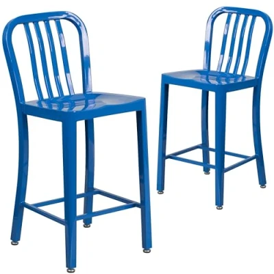 Image of Flash Furniture Commercial Grade 2 Pack 24&quot; High Blue Metal Indoor Outdoor Counter Height Stool with Vertical Slat Back