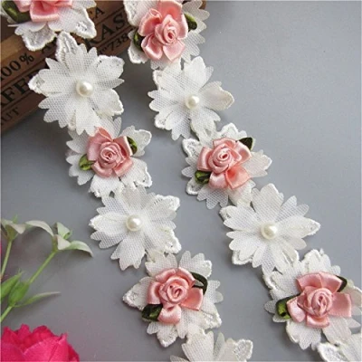 Image of 1 Yard Flower Pearls Lace Edge Trim Ribbon 4.5cm Width Vintage Style White Edging Trimming Fabric Embroidered Applique Sewing Craft Wedding Bridal Dress DIY Party Headwear Headdress Clothes Embroidery