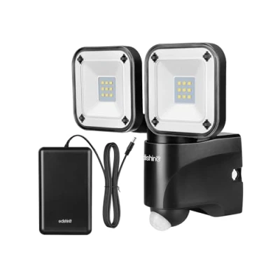 Image of EDISHINE Battery Powered Motion Sensor Security Lights, 800LM LED Flood Light Outdoor, 6000K, IP44 Waterproof, Exterior Box Operated, Dual Head for Garage, Yard, Porch, Patio