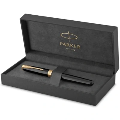 Image of Parker Sonnet Fountain Pen Black Lacquer with Gold Trim Fine Nib Gift Box