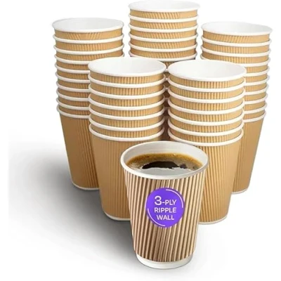 Image of We Can Source It Ltd 500 x 12oz Kraft Ripple Cups 3 PLY Disposable Insulated Paper Coffee &amp; White SIP Through LIDS