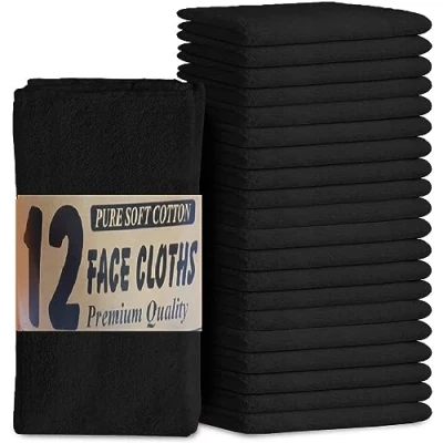 Image of TOWELBAY 12 x Wash Cloths Set (30 30 cm) 100% Egyptian Combed Cotton Flannel Face Towels for Hotel Spa Gym Makeup Remover Quick Dry And Absorbent (Black)