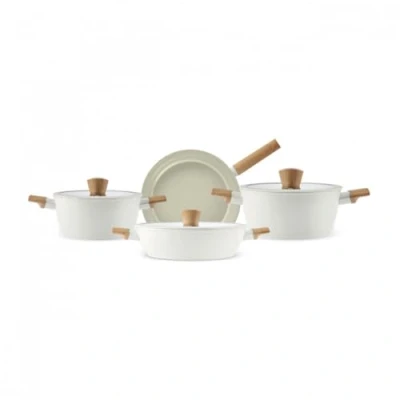 Image of Karaca Swiss Crystal Almond 7 Piece Induction Non Stick Cookware Set, Dishwasher Safe, Base, Cream