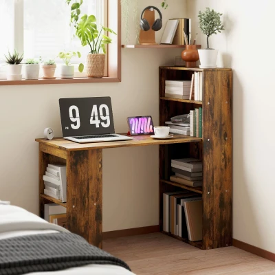 Image of HOMCOM 120cm Modern Computer Desk Bookshelf Study Table Workstation PC Laptop Writing Home Office 6 Shelves, Rustic Brown Wood Effect