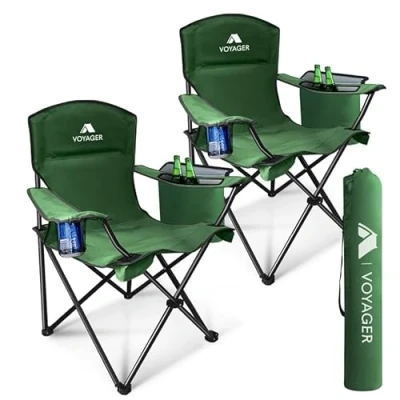 Image of Voyager Folding Camping Chairs 2 Pack with Cooler Bag, Lightweight Q195 Steel Frame, 600D Oxford Fabric, Portable &amp; Comfortable Green