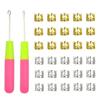 Image of 2 Pcs Latch Hook Crochet Needle with 30 Dreadlocks Silver Gold Metal Decoration Braiding Hair Rings for Hooks Braids Accessories