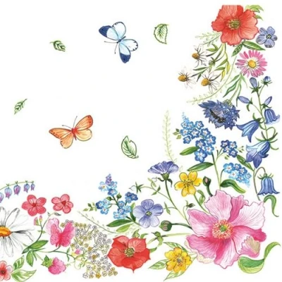 Image of 20 Napkins Flowers, Garden &amp; Nature Border Made of Coloured Flowers as Table Decoration Paper with Motif Also for Decoupage and 33 x cm