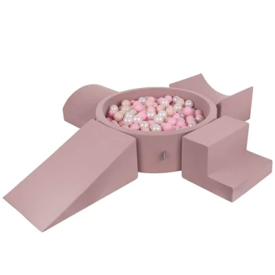 Image of KiddyMoon Foam Playground For Kids With Round Ballpit (300 Balls ∅ 7Cm/2.75In) Soft Obstacles Course And Ball Pool, Heather: Pastel Beige/Powder Pink/Pearl