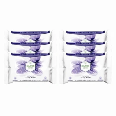 Image of Balance Activ Intimate Wipes Biodegradable, Flushable &amp; pH Balancing Natural Extracts of Aloe Vera, Mallow Calendula to Soothe Reduce Discomfort 20 (Pack 6)
