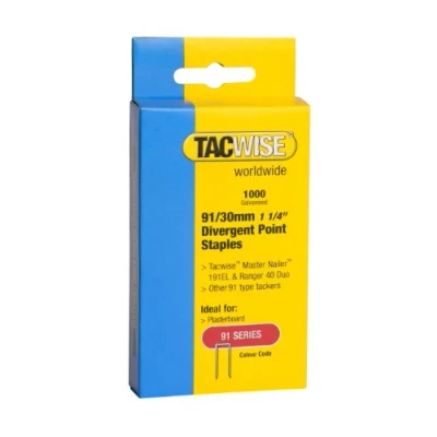 Image of Tacwise 0289 Type 91 / 30 mm Galvanised Narrow Crown Staples, Divergent Point, Pack of 1,000