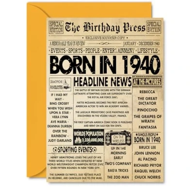 Image of 85th Birthday Card for Men Women Bday Press Newspaper 1940 Happy 85 Cards Grandad Husband Wife Uncle Dad Auntie, A5 Greeting