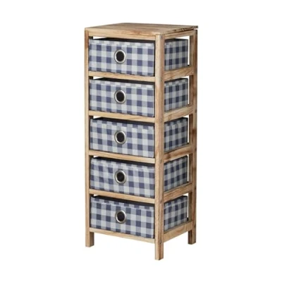 Image of Home Source Storage Chest, Solid Wood Frame, Blue Plaid Fabric Pull Out Drawers, Coastal Style Bedroom Organiser, 5 Drawer