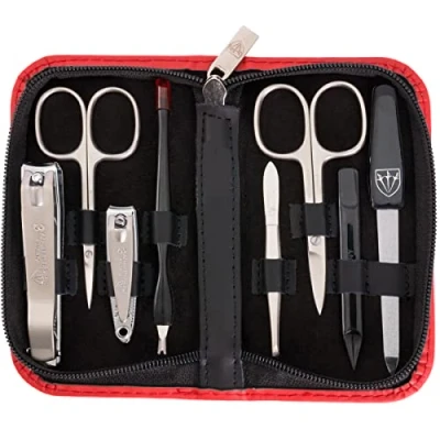 Image of 3 Swords Germany brand quality 8 piece manicure pedicure grooming kit set for professional finger &amp; toe nail care scissors clipper fashion leather case in gift box, Made by (6622)